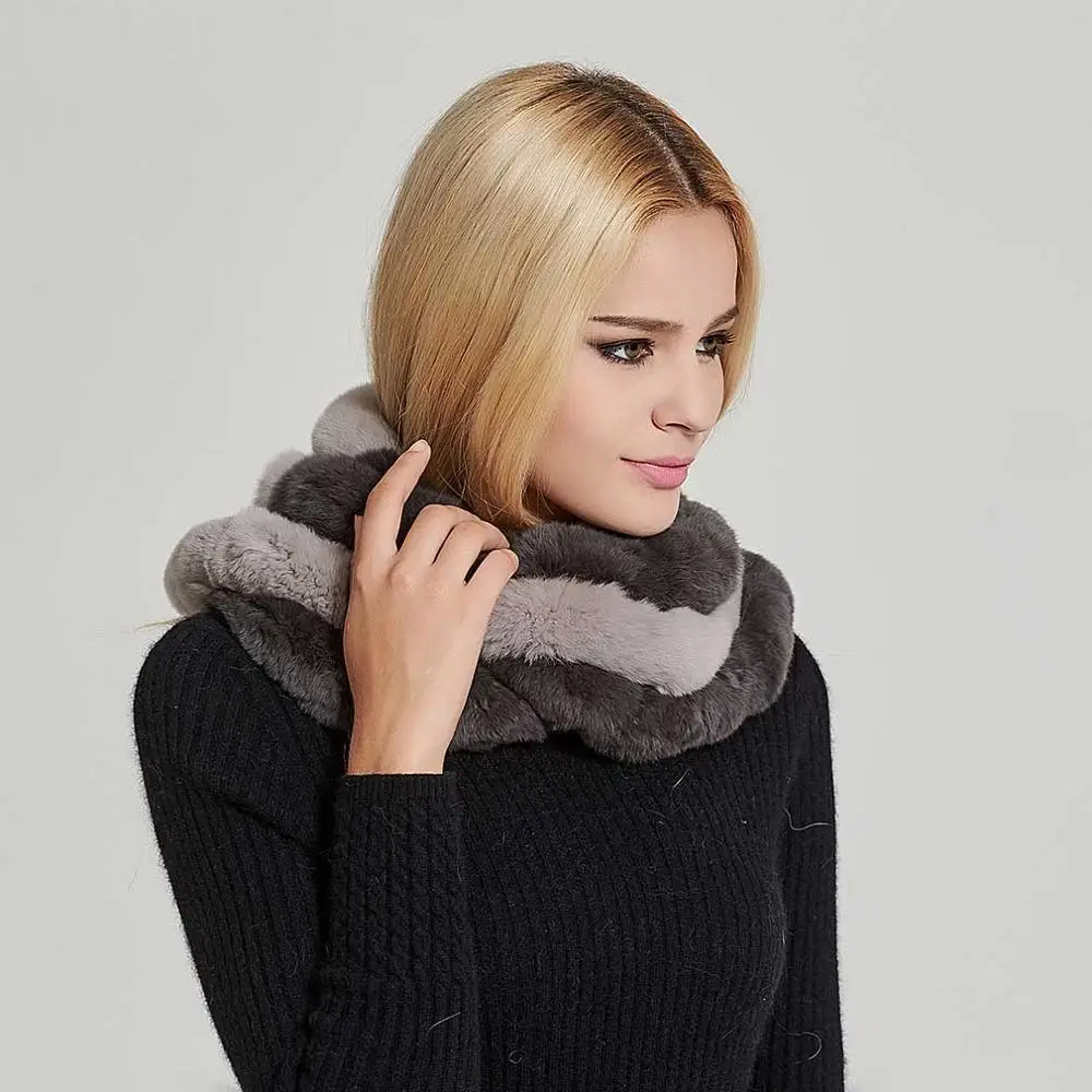 Black and Gray Шарф из натурального меха, женский шарф из натурального кроличьего меха, шарф из натурального меха, бесконечная петля, модная зимняя теплая накидка, шаль 17503 - Цвет: Black and Gray