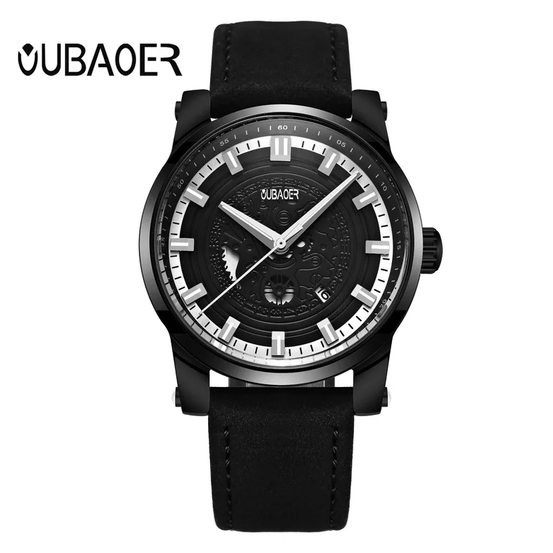 

business wristwatch mens genuine leather quartz man watch oubaoer brand waterproof casual clock black brown Citizen movement