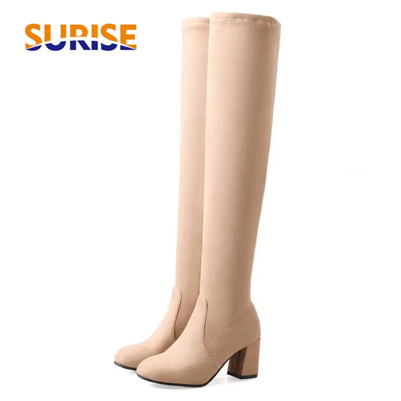 

Winter Stretch Flock Women Over Knee Boots 12cm Block Square High Heel Apricot Lady Party Round Toe Zipper Long Thigh High Boots