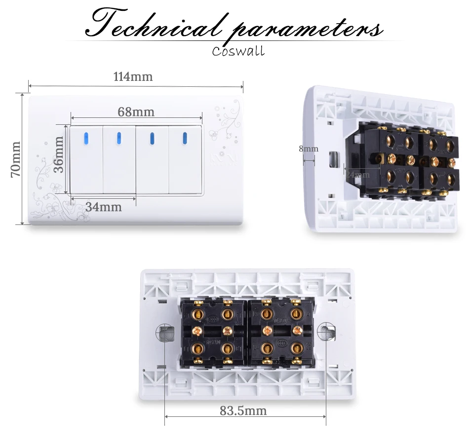 COSWALL простой стиль 4 банды 2 способа вкл/выкл настенный выключатель прерыватель белый цвет светильник 114*70 мм AC 110~ 250 В C30-118-104M