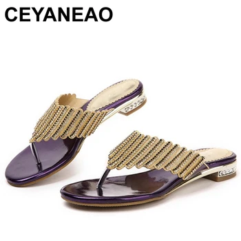 

CEYANEAOHotSummer Flip Flops Girls Casual Leaf Shoes Sexy Crystal Rhinestone Design Women Sandal Hot Ladies GenuineLeather Shoes