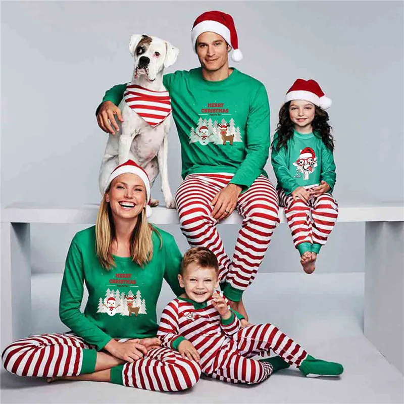 

Family Matching Outfits Christmas Pajamas Homewear Sets Merry Christmas Green Shirt+ Red Stripe Long Pants Sleepwear Nightwear