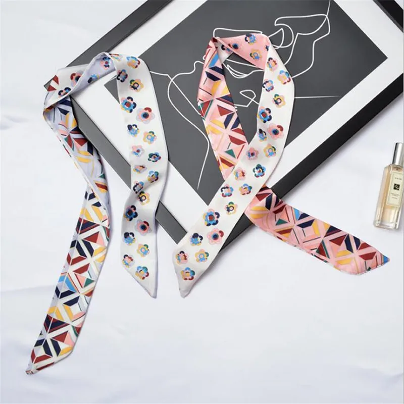 

New Floral Print Design Silk Scarf Small Ribbon Summer Spring Women Ladies Vintage Handbags Bag Handle Ribbons Scarves Bands Tie