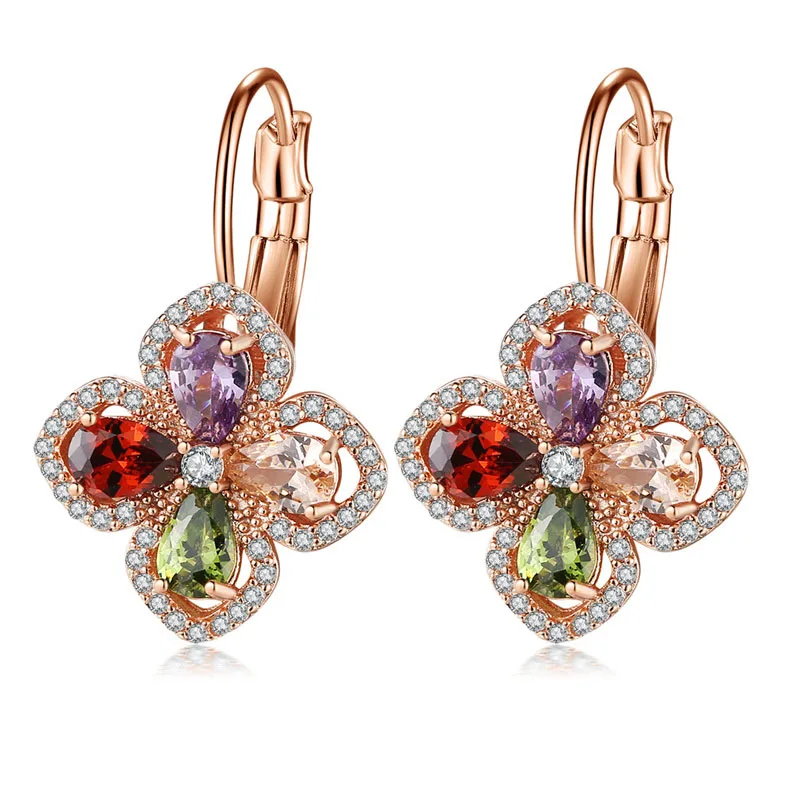 

MOONROCY Colourful Crystal Earrings Flower Cubic Zirconia Rose Gold Color for Women Bohemia Gift Dropshipping Jewelry Wholesale