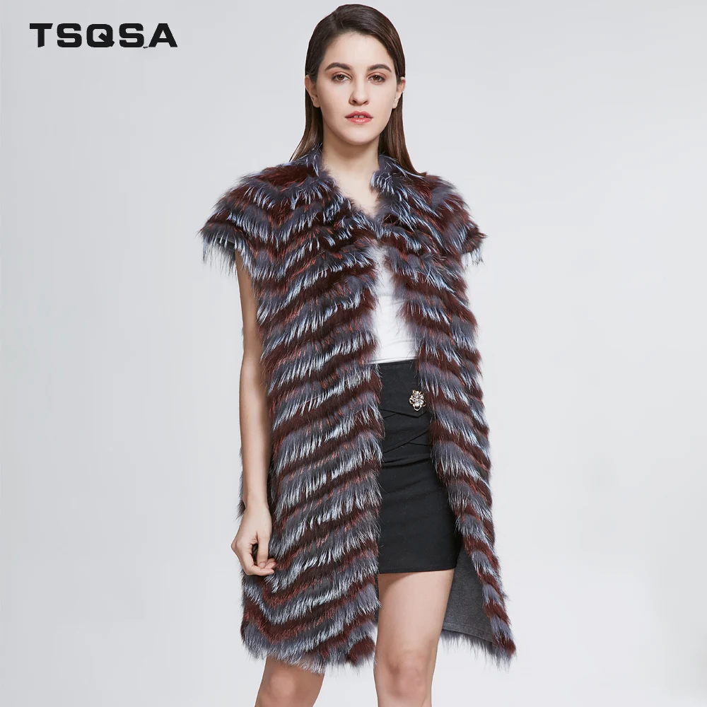 TSQSA Новый 2019 Женщина Натурального Лиса Меховой Жилет Индивидуальные Мода
