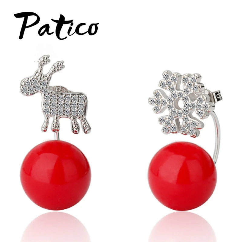 925 Sterling Silver Earrings Snowflake Deer Stud With Red Ball Decoration For Women Fashion Jewelry Xmas Gift | Украшения и