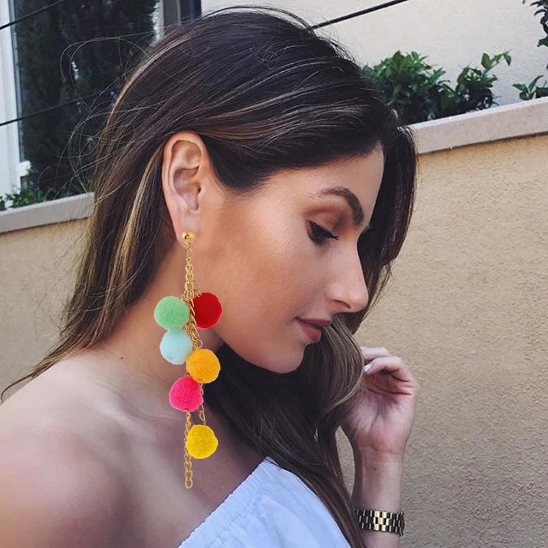 

2019 Handmade Tassel Earrings Bohemian Multicolor Pom Pom Earrings for Women Fashion Jewelry Pendant Earrings