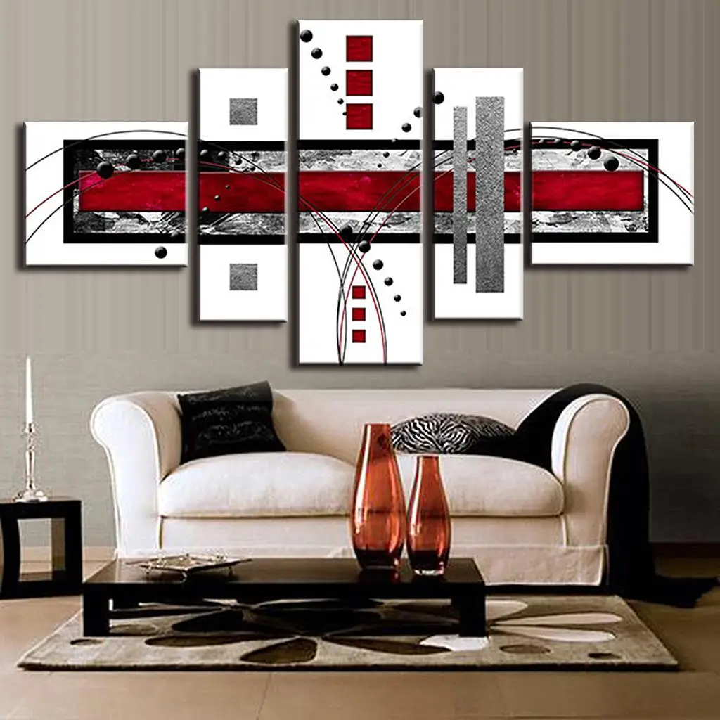 5 Combined Abstract Lines Wall picture Poster Red White Black Canvas