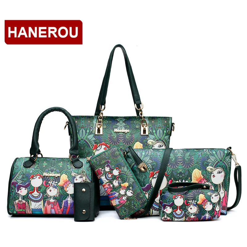 

NEW Brand Luxury Lady Handbag 6 Pcs/set Composite Bags Set Vintage Woman Cartoon Printed Bags PU Leather Large Capacity Handbags