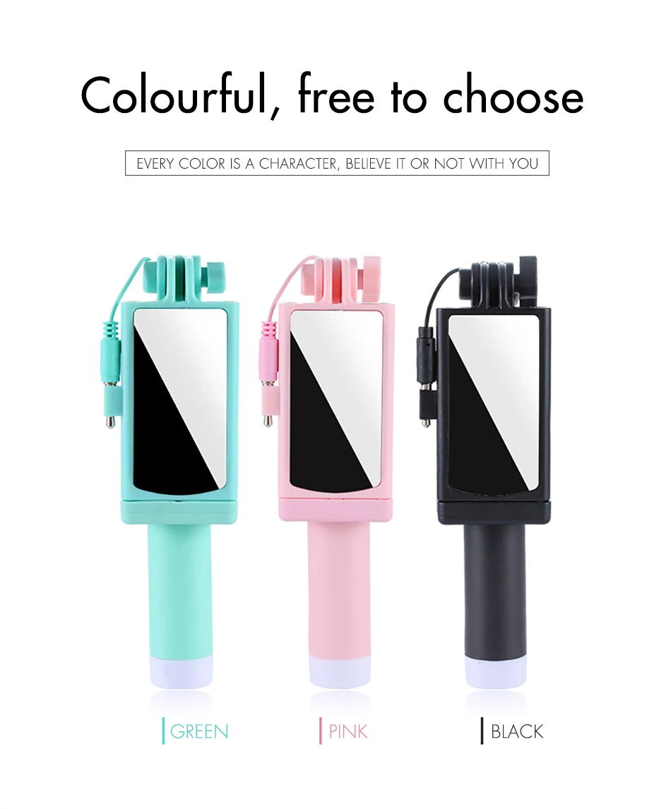 !ACCEZZ Mini Wired Selfie Stick IOS For iPhone X XR XS MAX 8 7 6 For Huawei Samsung Monopod Foldable Portable Selfiestick Mirror (4)