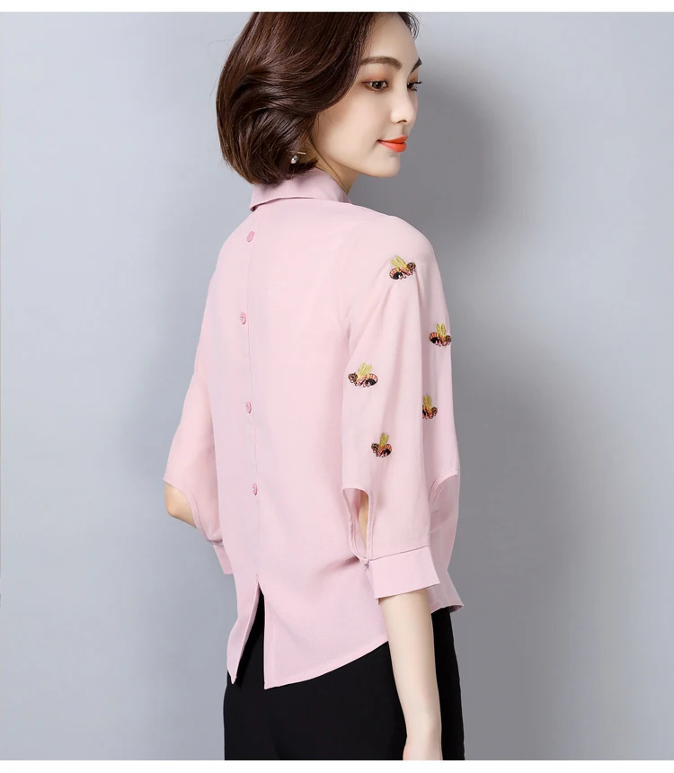 Блузка Топ Женская мода дизайн сзади Кнопка выдалбливают рукав изысканная вышивка украшения размера плюс осень женская рубашка Топы