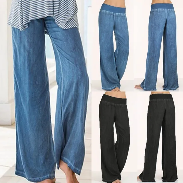 Plus Size Celmia Women Denim Wide Leg Pants Jeans Elastic High Waist ...