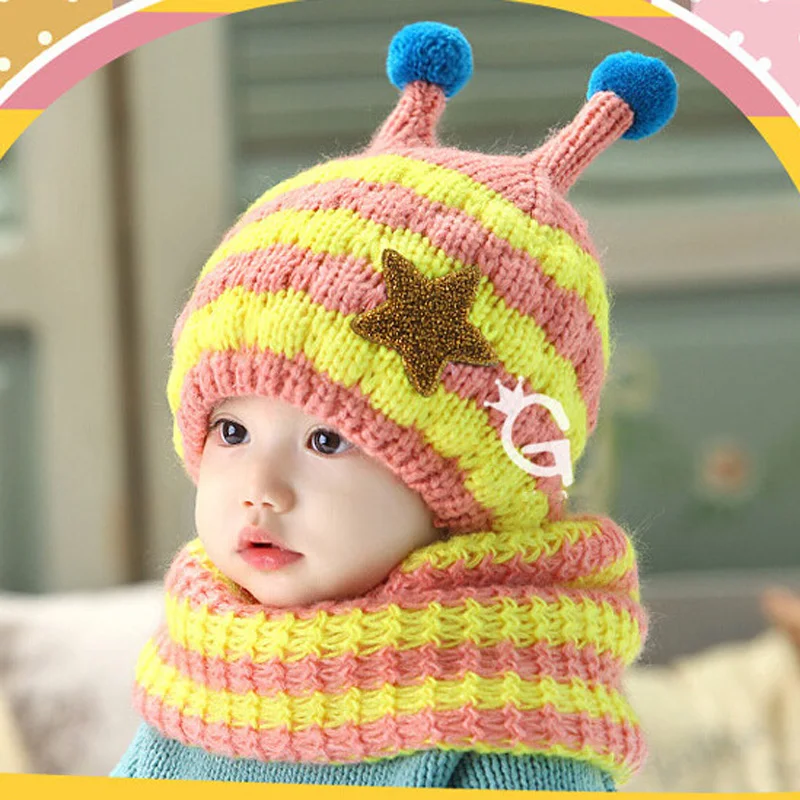 Детская зимняя шапка, шаль, комплект для детей от 6 месяцев до 4 лет, вязаная шерстяная шапка в полоску для маленьких мальчиков и девочек, шарф, очень теплая детская шапка с рисунком пчелы