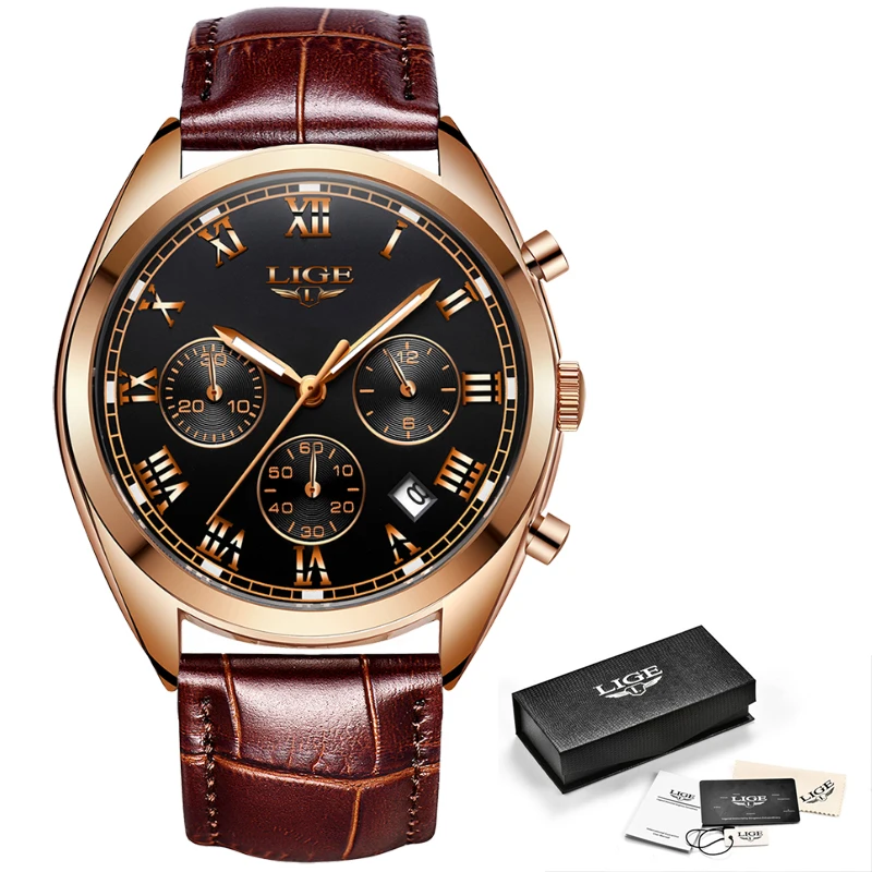 

IGE Chronograph Function Mens Watches Genuine Leather Luxury Brand Military Sport Quartz Watch Waterproof Wristwatches Clock