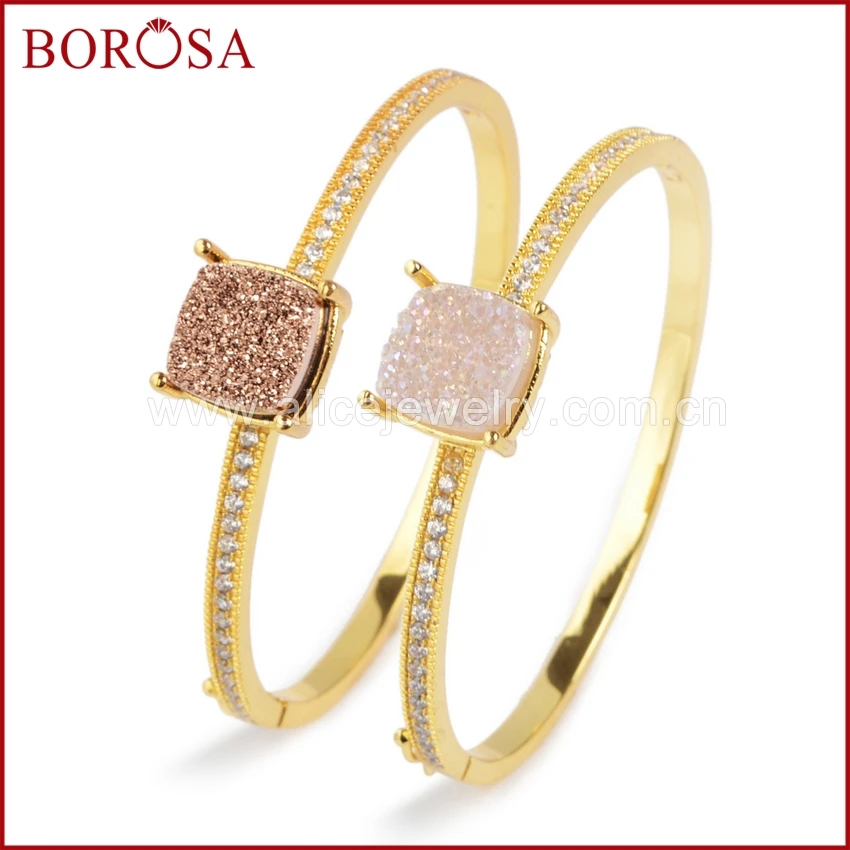 

BOROSA Crystal Titanium geode Bangle pave With White Zircon AB/Gold color ring 12mm Square Gold Color Plate fashion bangle ZG095