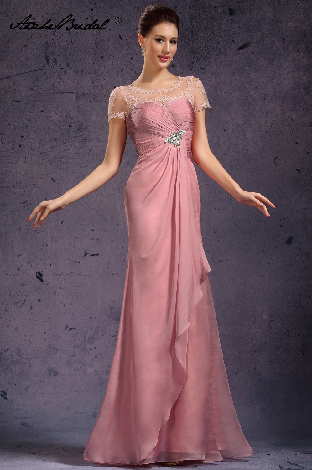 

Long Formal Women's Dress Elegant Cap Sleeve Pink Applique Chiffon Mother of the Bride Dresses vestido mae da noiva