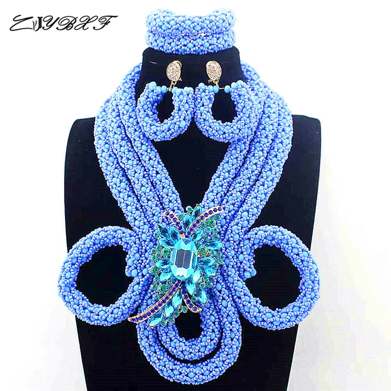 

New Luxury Sky Blue Beads Nigerian Wedding African Jewelry Sets for Brides Women Brooch Jewellery Set Free Shipping L1018