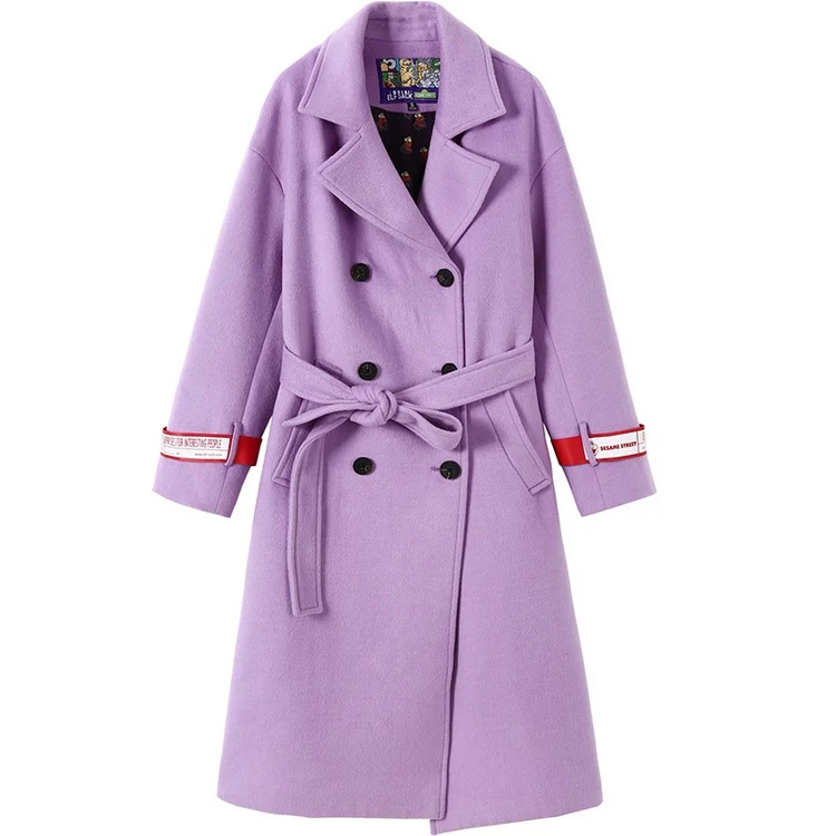 ELFSACK, Модное Новое Женское шерстяное пальто с длинным рукавом, однотонные женские куртки с отложным воротником, двубортное женское плотное пальто - Цвет: Фиолетовый