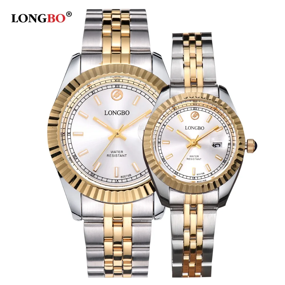 LONGBO Luxury Lovers Couple Watches Men s Calendar Waterproof Watch Women Fashion Gold Stainless Steel Wristwatch