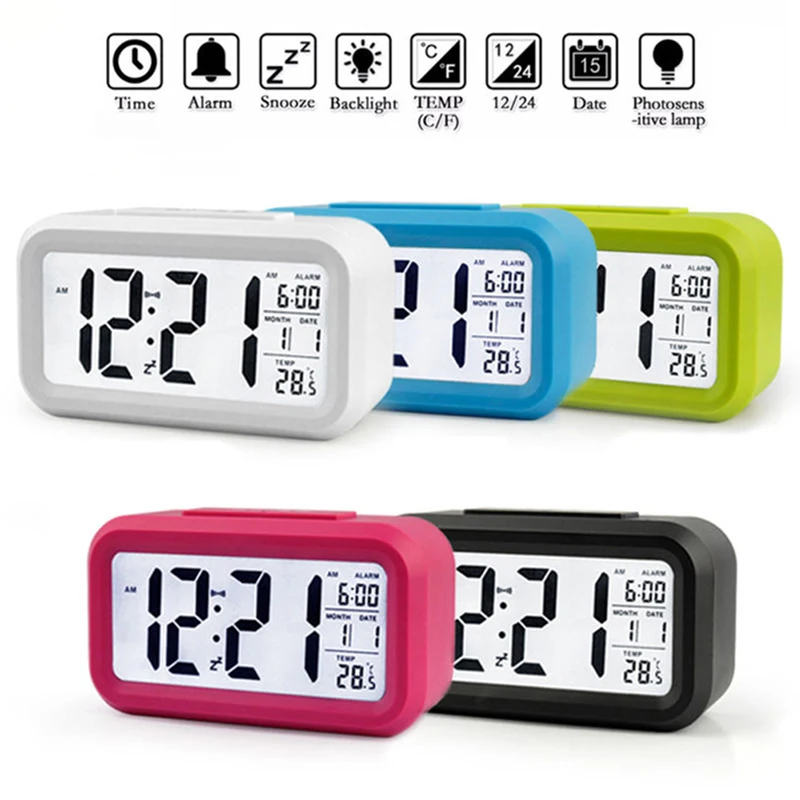 

LED Digital Alarm Clock Electronic Smart Mute Clock Backlight LCD Display Temperature & Calendar Snooze Function Alarm Clock