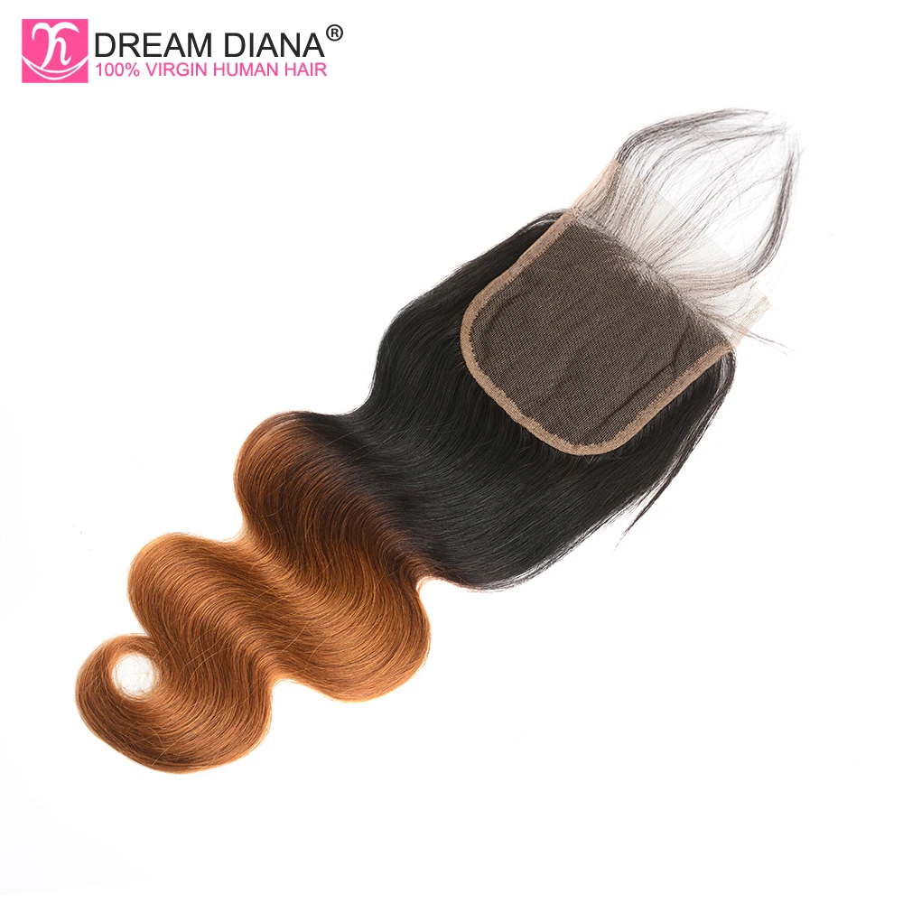 DreamDiana Ombre закрытие волос 4 "* 4" 1b 30 объемные локоны переливчатого цвета закрытие 1 шт. темно-корень коричневый цвет малайзийские волосы