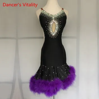 

Women Girls Latin Dance Dress Competition Clothes Diamond Beaded Feather Latin Dresses Adult Kids Performance Costumes