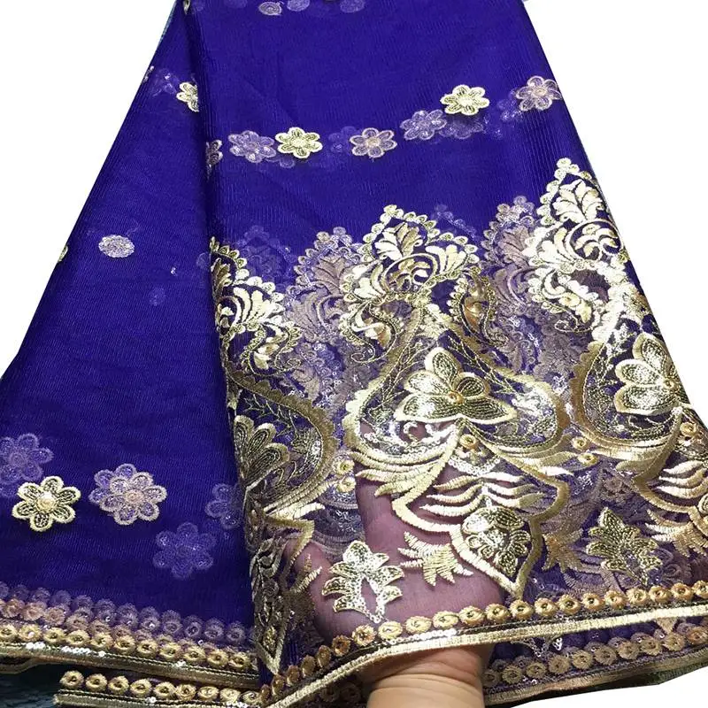 

Pualqi African Lace Fabric 2018 High Quality Lace Blue Color With Gold Sequins 5 yards French George Lace for Party Dresses H