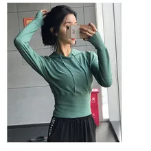 Женская Гимнастерка для занятий йогой и фитнесом, футболка, спортивная одежда, топ для йоги, Женская Спортивная футболка, топы с капюшоном и длинными рукавами