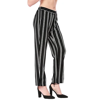 

New Striped Trousers For Women Pants 2108 Summer Loose Pants Fashion Pant High Elastic Waist Straight Casual Trouser Black Blue