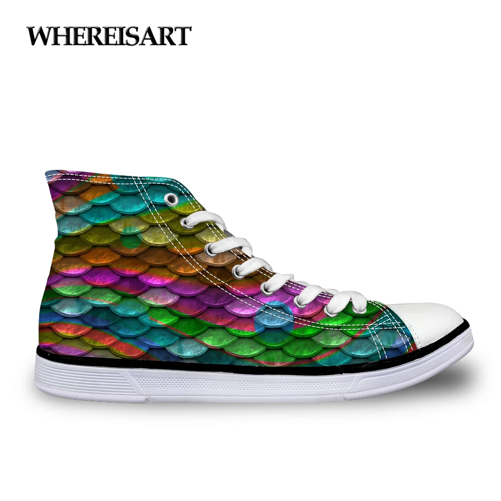 

WHEREISART Brand Women Shoes High Top Women Sneakers Canvas Flats Vulcanize Shoes 3D Mermaid Scales Print Leisure Ladies Shoes