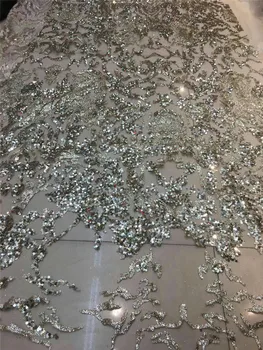 

Gold color Top selling design glued glitter print african mesh tulle lace 5yards for evening dress T-25