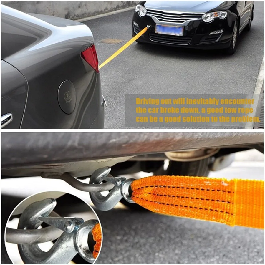 3M 3 Tons Tow Rope Strap with Hooks Emergency Heavy Duty Car Tow Cable Heavy Duty Towing Pull Rope