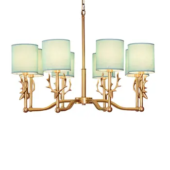 

American style all copper Antler Chandelier gold Luxury Home Lighting Fixture Creative Vintage LED E14 bulb cloth art droplight