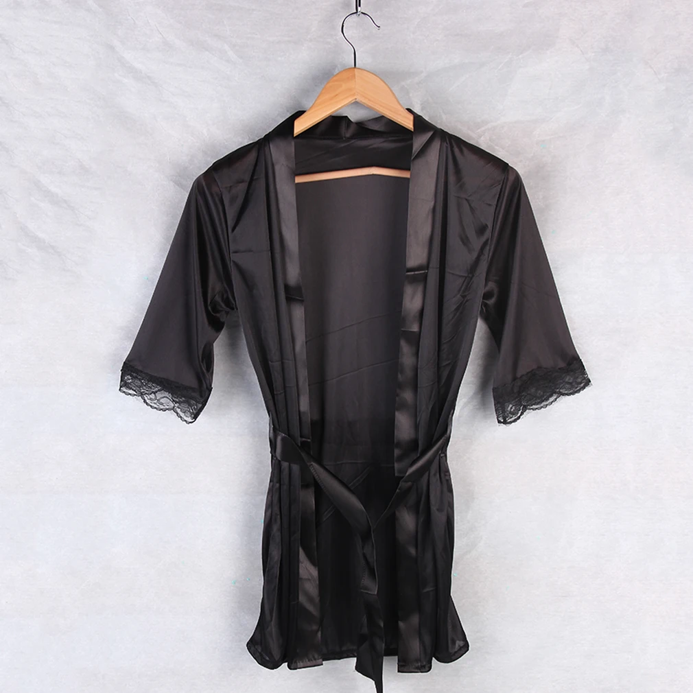 

2pcs Set Women Sexy Babydoll Lingerie Robe+G-string Satin Lace Sleepwear Nightdress Pajamas Underwear