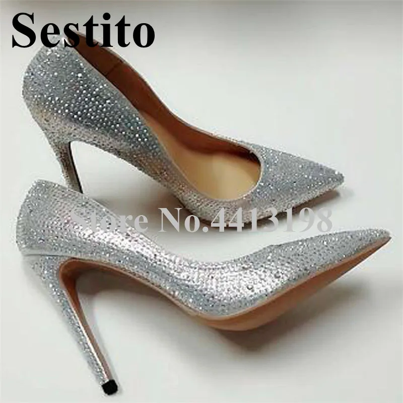 

Fashion Flashing Bling heels Pointed Toe Crystal High Heels Wedding Pumps Slip-on Thin Heel Shallow Women Shoes Spring/Autumn