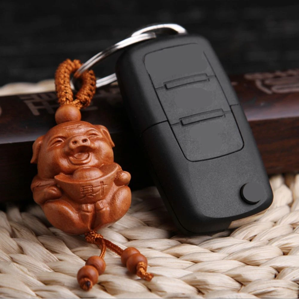 Men Women Wood Carved Lucky Pig Key Chain Key Ring Key Holder Keychain Gift