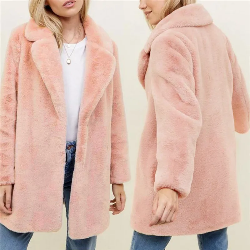 Модные из искусственного меха пальто розового цвета женская меховая куртка на осень-зиму Теплые Длинные рукава Тедди пальто плюс размер 2019