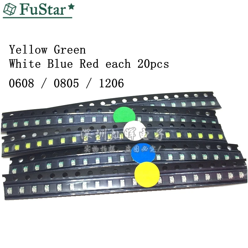 

100pcs=5colors x 20pcs 1206 0805 0603 LED Diode Assortment SMD LED Diode Kit Green/ RED / White / Blue / Yellow led Chip