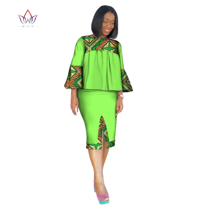 Африканская одежда для женщин Анкара комплект из двух предметов с длинными рукавами укороченные топы и юбка набор женщин Базен Riche африканская одежда 6XL WY2571 - Цвет: 19