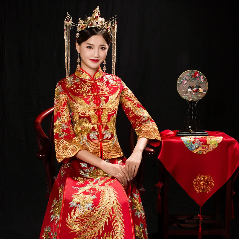 Китайское женское свадебное платье с вышивкой Феникс Cheongsam винтажное тонкое платье Qipao Костюм благородный свадебный подарок Классическая тост одежда