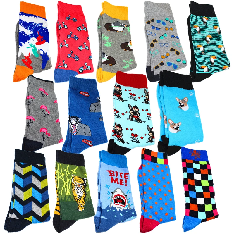 Fashion cotton fashion hip hop men's socks trend Harajuku shark tiger flamingo skateboard happy socks men's Christmas gift socks