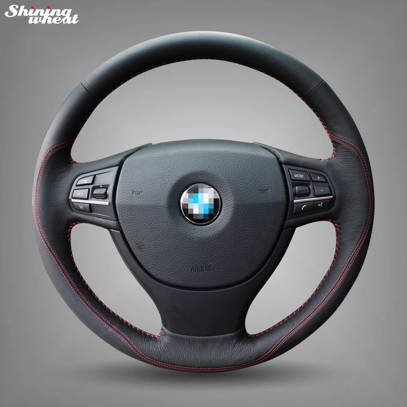 Best BANNIS Black Genuine Leather Red Thread Car Steering Wheel Cover for BMW F10 523Li 525Li 2009 730Li 740Li 750Li