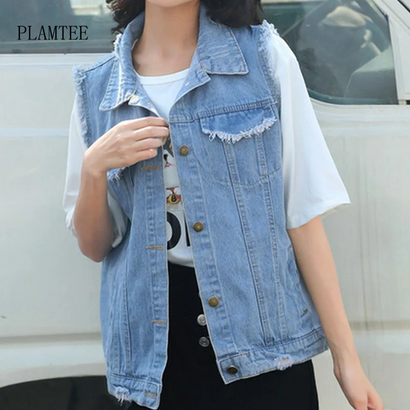 PLAMTEE Frayed Sleeveless Female Denim Vests Vintage Washed Jeans Women