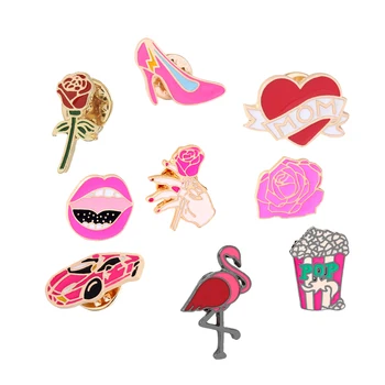 

Cute Girls Pink Cartoon Brooch Flamingos Rose Flower Sexy Lips Popcorn Denim Shirt Coat Bag Badge Lapel Pin Fashion Jewelry Gift