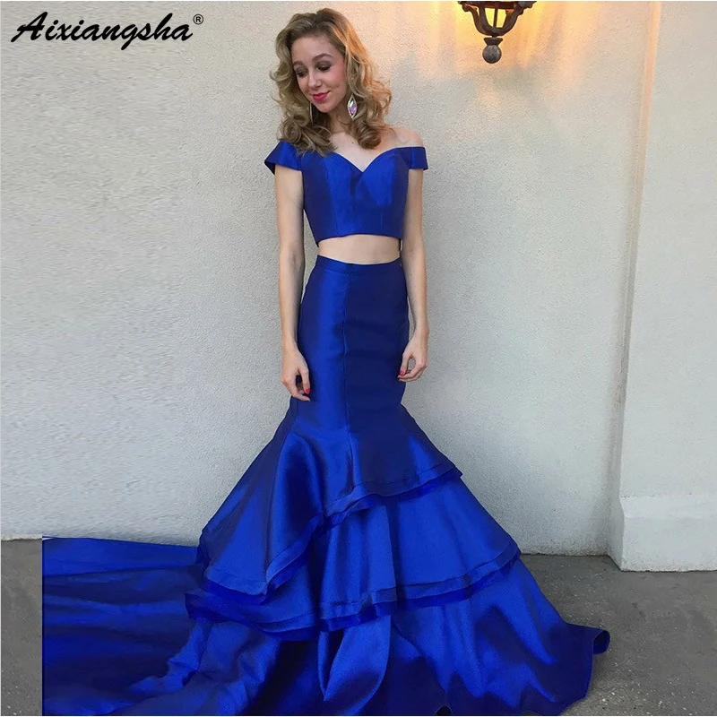 Abendkleider v-образный вырез с открытыми плечами развертки поезд из двух частей Королевский синий Prom Dress Mermaid длинное вечернее платье