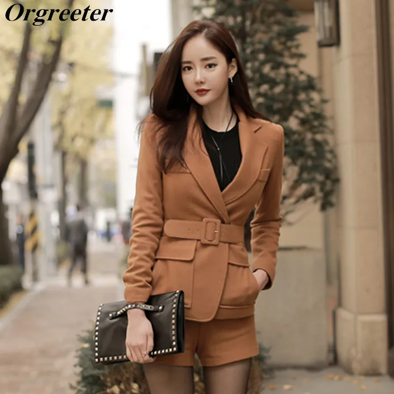 

Elegant OL Shorts Suit Women Woolen Solid Turn-down collar Jacket Blazer With Belt + High Waist Shorts Suits Female 2 Piece Sets