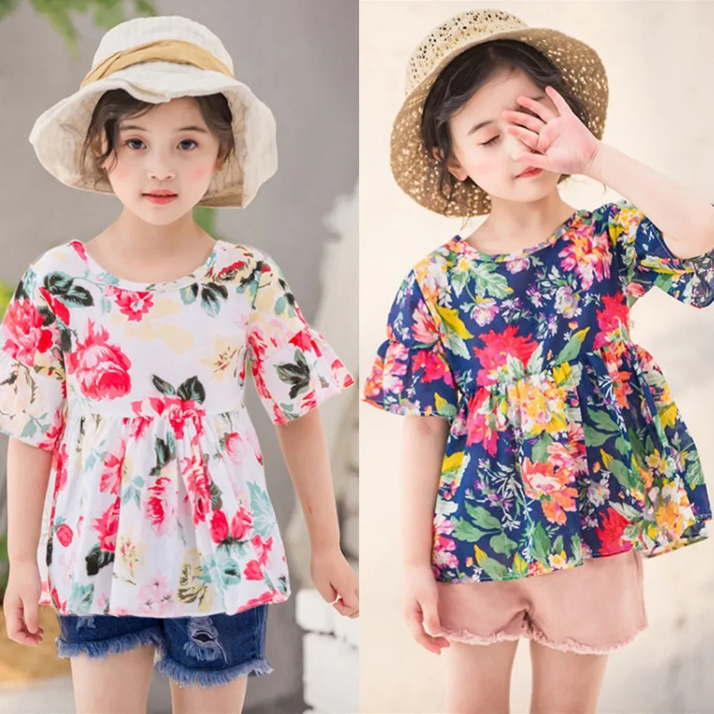 CHAMSGEND Toddler Kids Baby Girls Ruched Cotton Blend Floral Flowers Tops Solid Short Casual Outfit