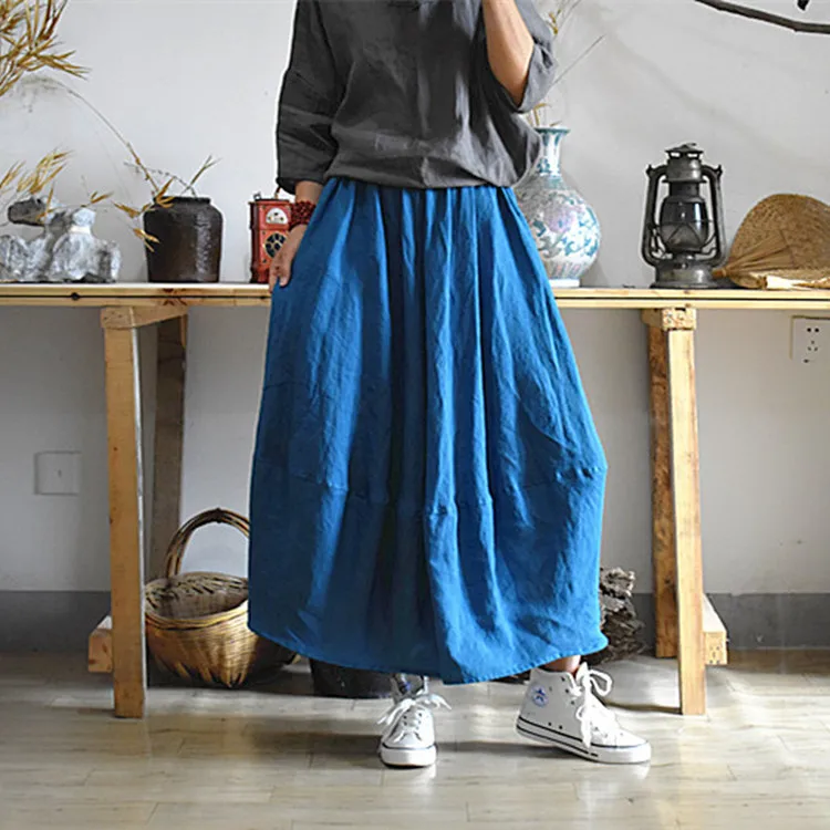 Women Retro Ramie Loose Solid Color Skirts Female Autumn Spring Elastic ...