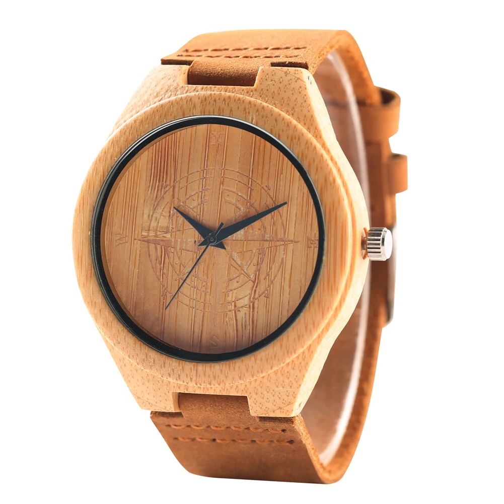 

Fashion Wood Wristwatch Handmade Bamboo with Brown Leather Band Simple Design Concise Style Man Woman Unisex relogio masculino