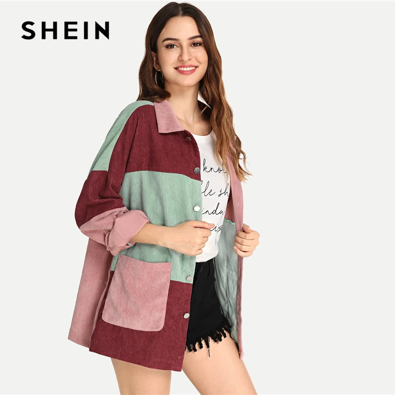 SHEIN Вельветовая Куртка С Контрастными Вставками Длинная Модная Куртка